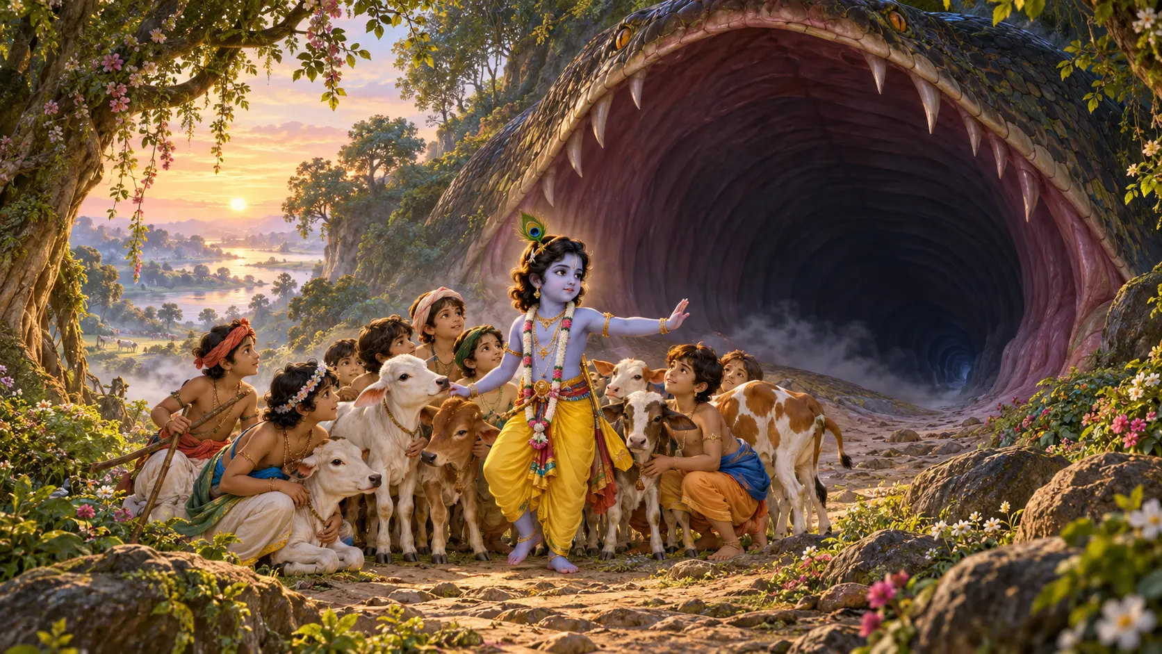 Young Krishna protects the cowherd boys and calves before the great serpent Aghasura in a Vraja forest