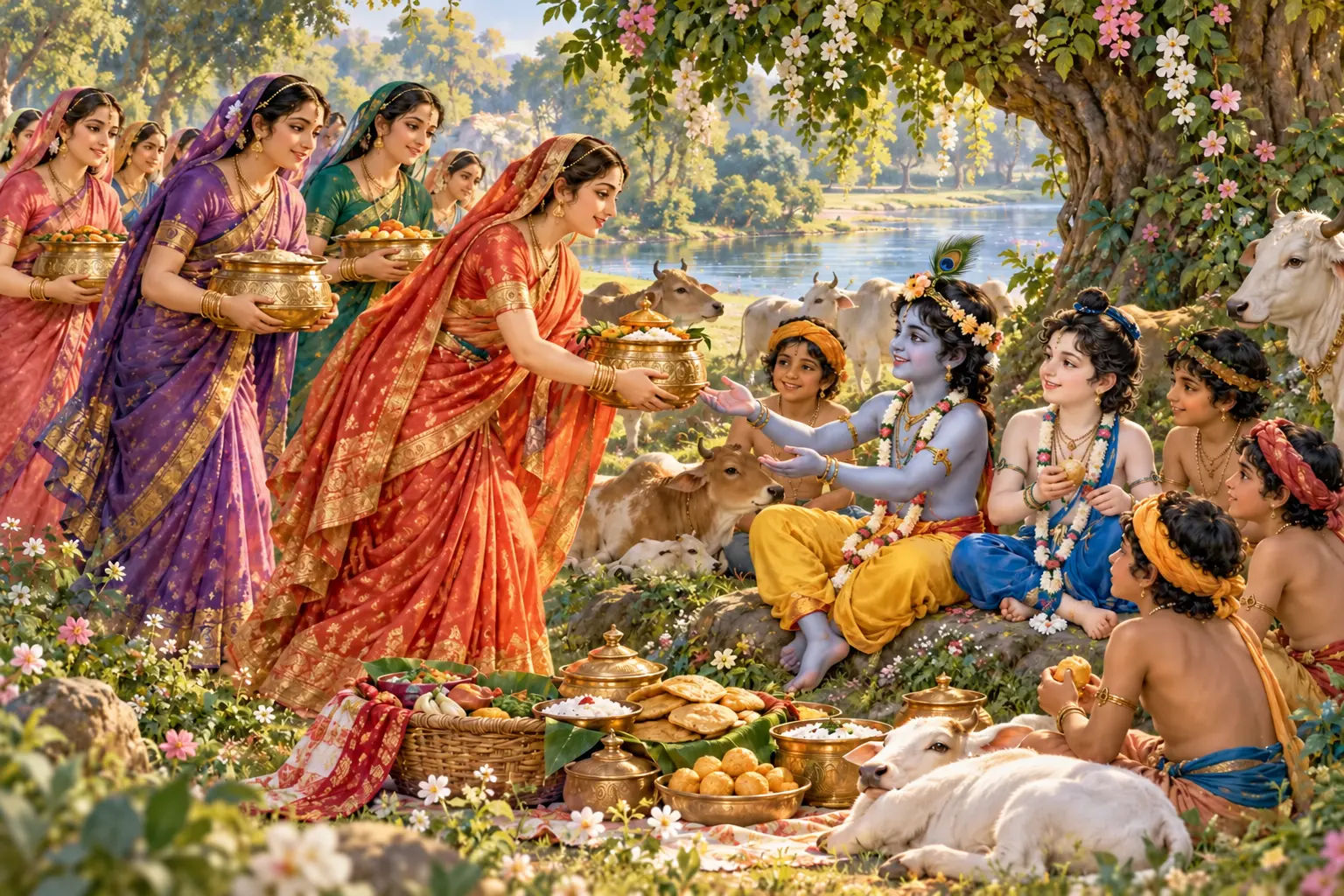 The brahmanas' wives offer food to Krishna, Balarama, and cowherd boys in a flowering grove beside the Yamuna