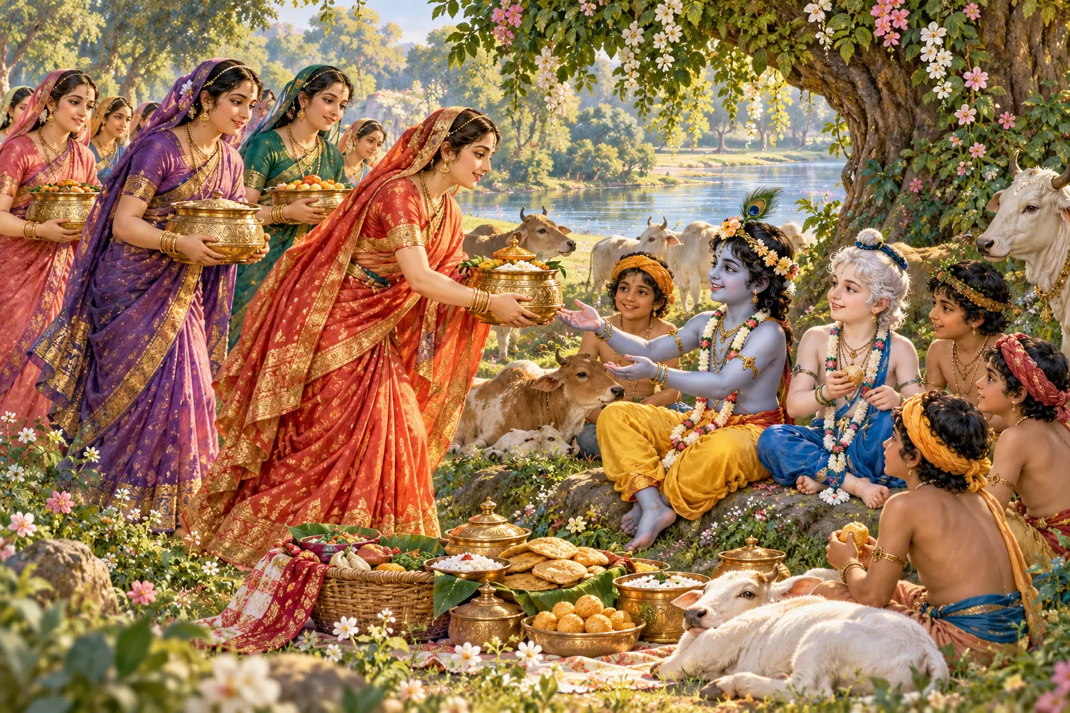 The brahmanas' wives offer food to Krishna, Balarama, and cowherd boys in a flowering grove beside the Yamuna