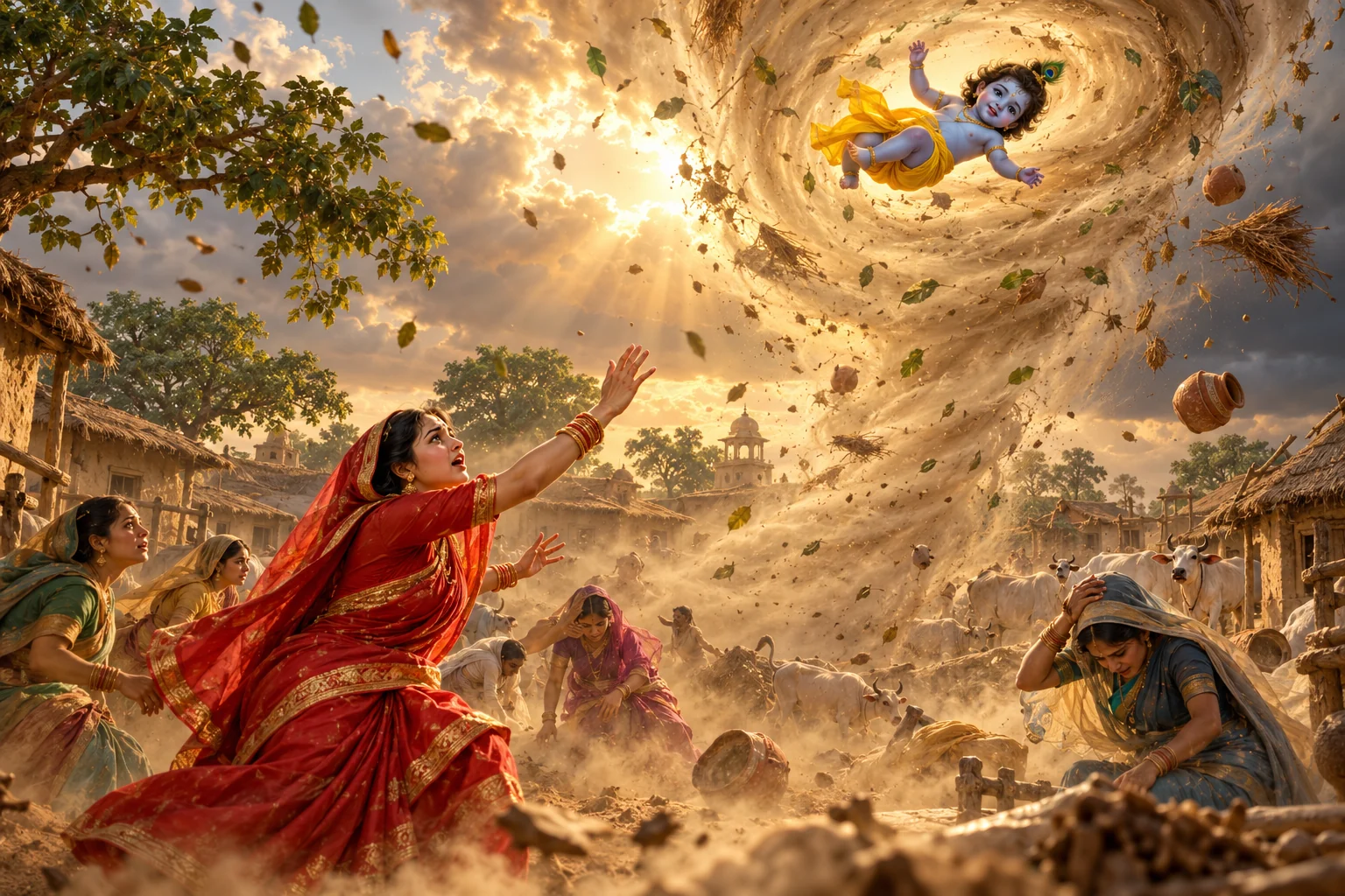 Little Krishna in yellow is within the whirlwind over Gokula as Yashoda and the neighboring women search below