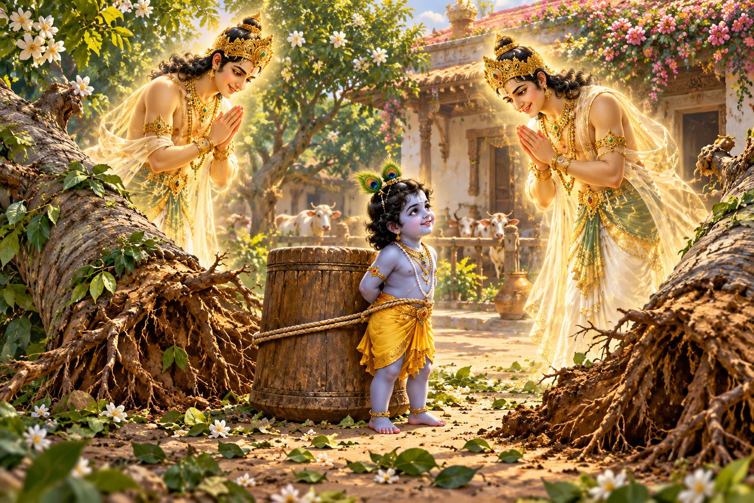 Little Krishna in yellow stands by the wooden mortar between the fallen arjuna trees as the two brothers bow to Him