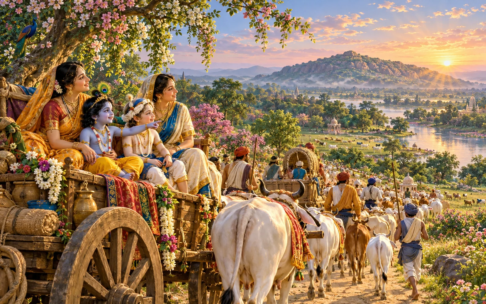 Young Krishna and Balarama travel with Yashoda and Rohini in Vraja's caravan toward green Vrindavan