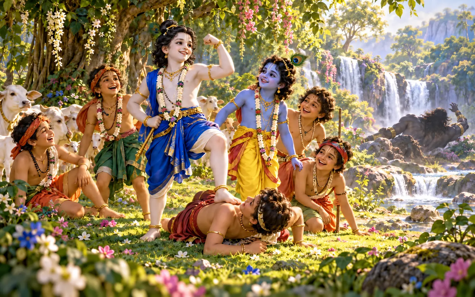 Krishna and Balarama with their friends in flowering Bhandiravana after a game and reunion