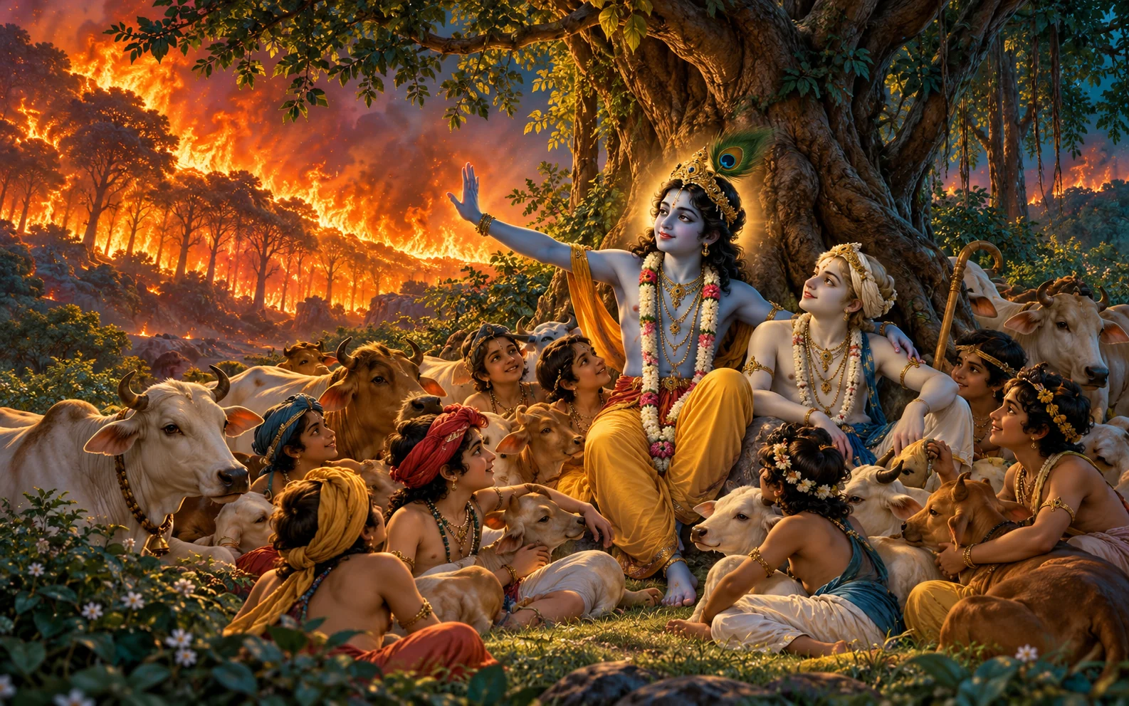 Krishna shelters Balarama, the cowherd boys and their cows beneath a great tree as the forest fire recedes