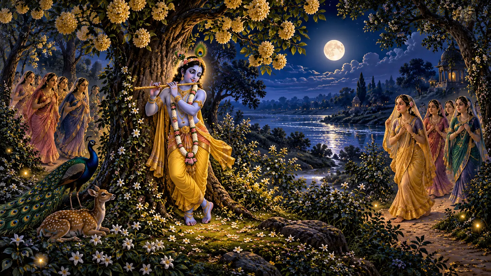 Krishna plays His flute beneath a flowering tree by moonlight as the gopis arrive at Vamsivata