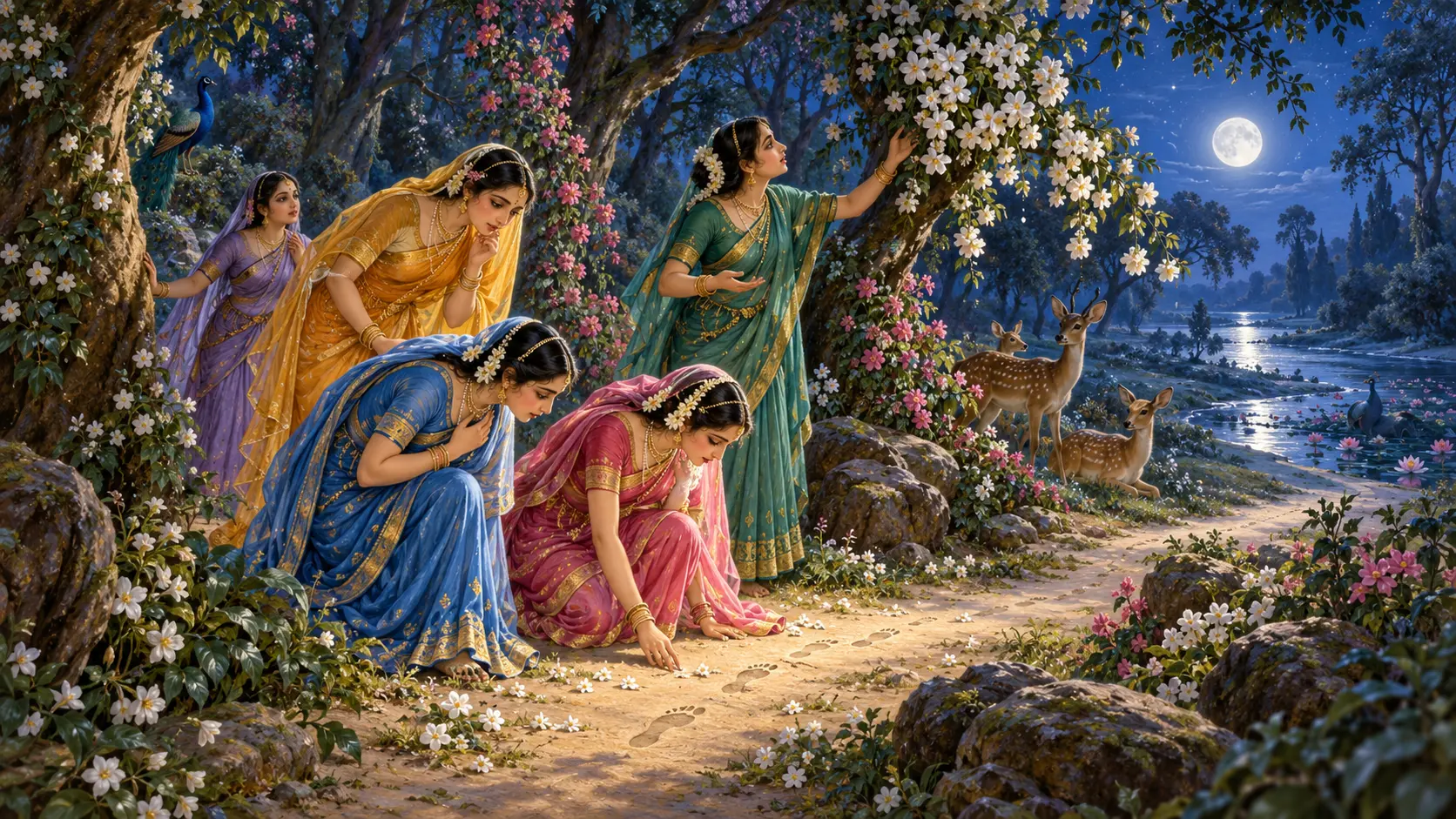 The gopis search for Krishna's footprints on a sandy path beneath the moon in Vrindavan forest