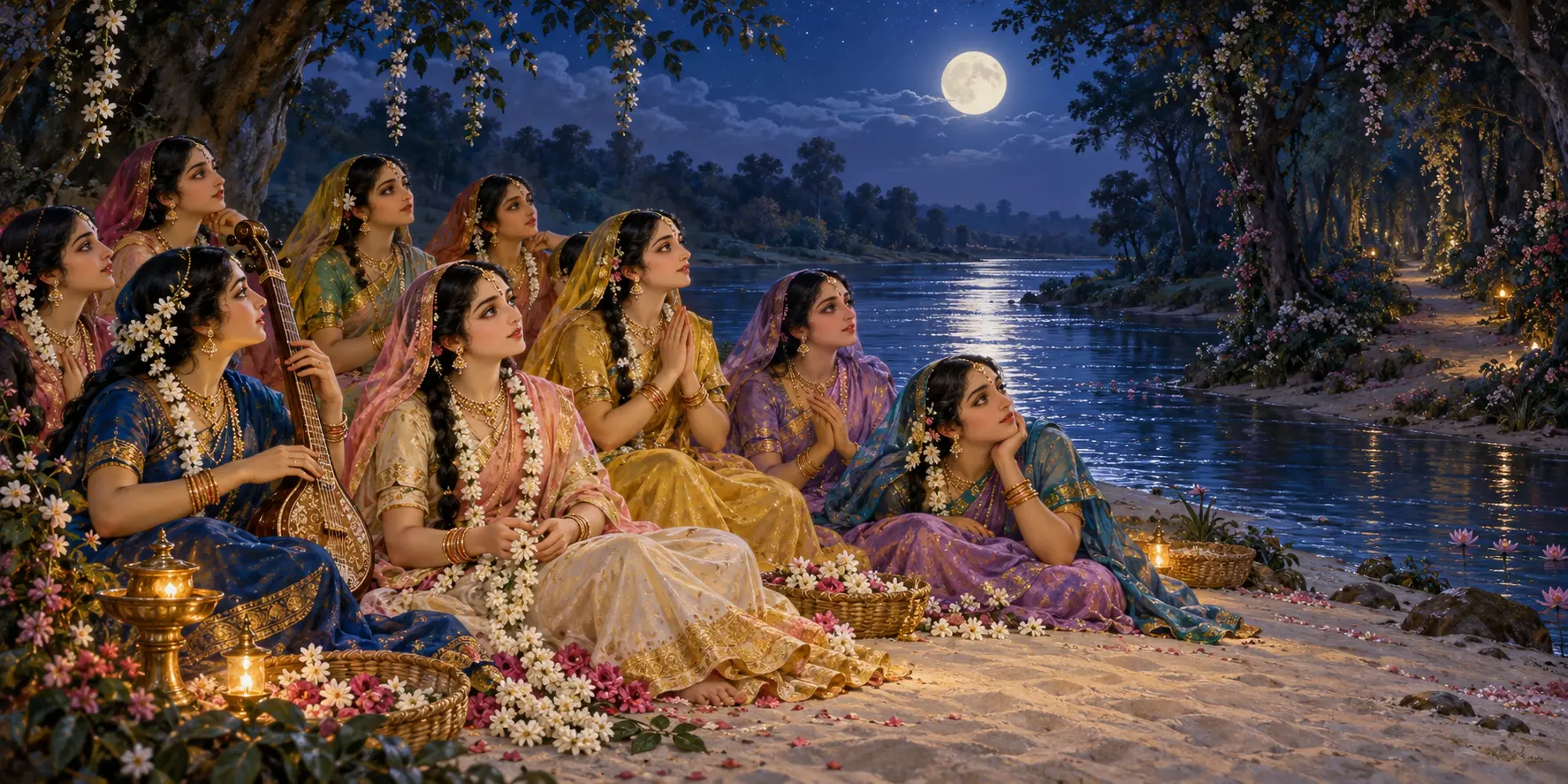 The gopis sing together on the sandy Yamuna bank beneath the full moon