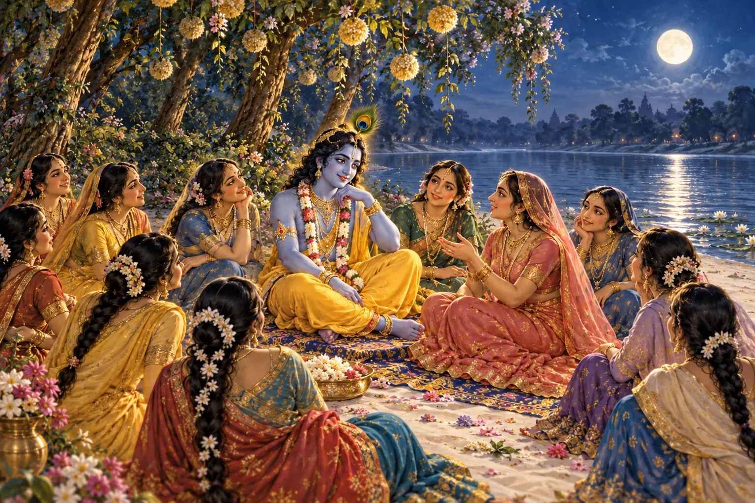 Krishna sits among the gopis on the moonlit Yamuna bank and speaks with them