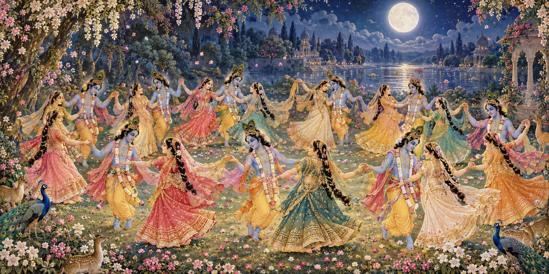 Artistic depiction of the sacred rasa dance beneath the full moon, with Krishna among the gopis in Vrindavan